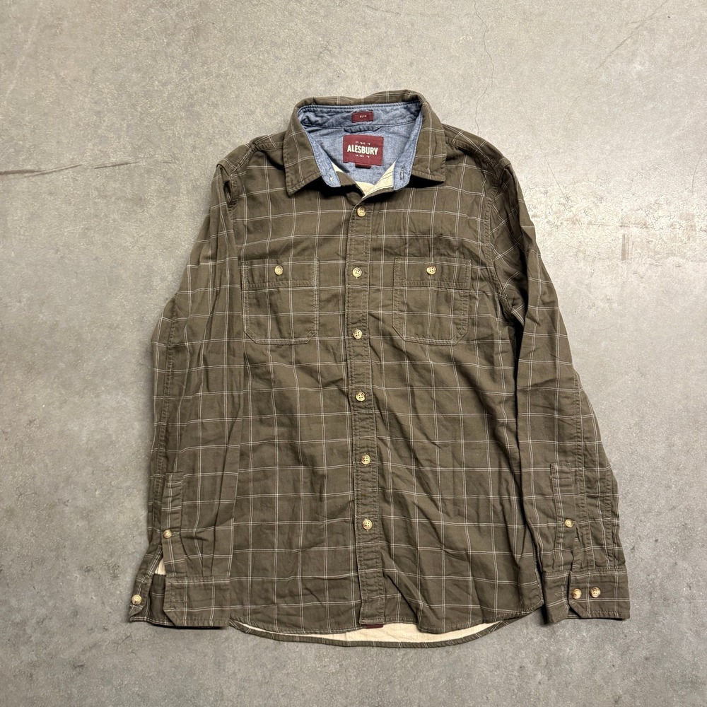 Alesbury Mens Slim Fit Windowpane Plaid Button Down Shirt Olive Green Small